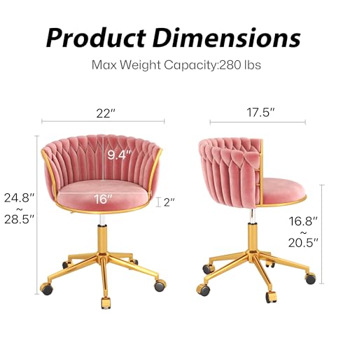 HENGJIANYI Velvet Woven Home Swivel Vanity Desk Chair with Gold Base, Pink | Modern Height Adjustable Office Chair with Metal Base and Hand Weaving Back Wheels for Bedroom Study Small Space girl women - color: Pink