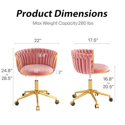 HENGJIANYI Velvet Woven Home Swivel Vanity Desk Chair with Gold Base, Pink | Modern Height Adjustable Office Chair with Metal Base and Hand Weaving Back Wheels for Bedroom Study Small Space girl women - color: Pink
