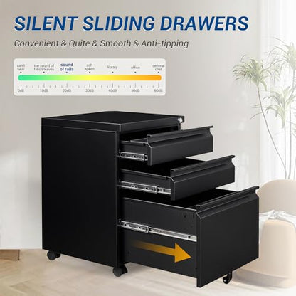 Fesbos 3 Drawer Mobile Metal File Cabinet, Black Filling Cabinets with Lock, Pre-Built Office Storage File Cabinet with Wheels Under Desk - Assembled Required - color: Black, size: 14.5"W-3 Drawers-Un-assembled