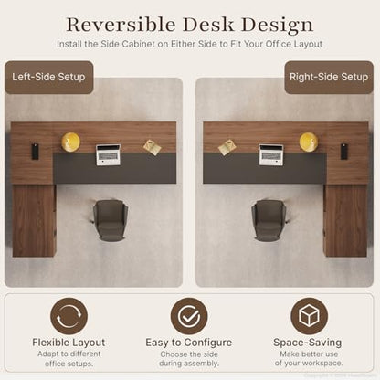 63" Reversible L-Shaped Executive Desk with Power Outlets and Drawers - color: Red Walnut+graphite Gray, size: 63 x 63 x 30 in