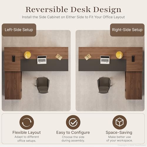 95" Reversible L-Shaped Executive Desk for CEO's Office - color: Red Walnut+graphite Gray, size: 95"L x 71"W