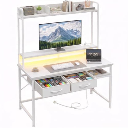 DurayLoly Computer Desk with Monitor Stand, LED Lights,Power Outlet - color: White, size: 18.9"D x 39.4"W x 61.1"H