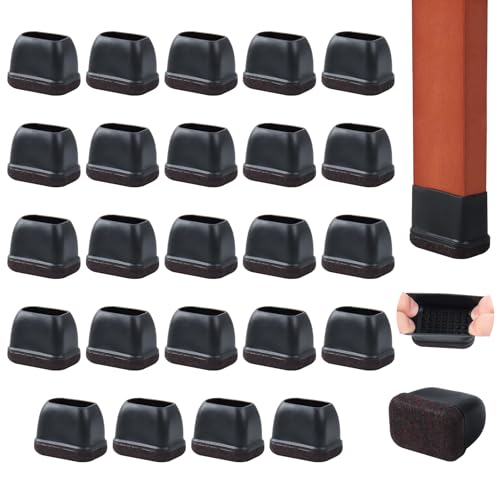 24PCS Rectangle Chair Leg Floor Protectors with Felt, Small Silicone Chair Leg Caps for Hardwood Floors, Black Outdoor Patio Flooring Protectors, Anti-scratch, Fit Length 1.3"-1.65", Width 0.63"-0.87" | Chair Leg Caps for Hardwood Floors, Outdoor Furnitur