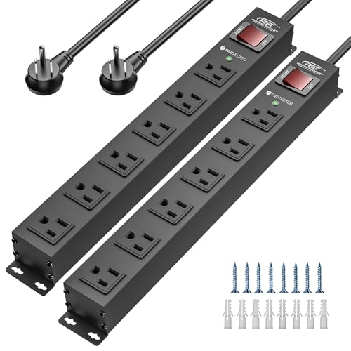 CRST 2Pack 6 Outlet Heavy Duty Power Strip with Switch 15A/1875W, 6FT Cord | Metal Mountable Power Strip Surge Protector 2100Joules, Wide Spaced Power Bar for Garage Worshop Home School (Black) - color: Black-6 Outlet-6 FT, size: 2PK