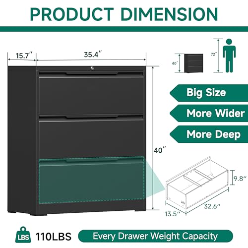 Filing Cabinet with Lock,Lateral File Cabinets 3 Drawer Metal Wide Filing Organization,Home Office School Furniture for Hanging Files Letter/Legal/F4/A4 Size,Black - Assembly Required - color: Black, size: 3 Drawer-Lateral-36"W