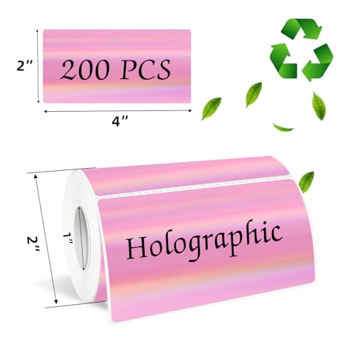 2x4 Inch Holographic Thermal Labels, Pink Direct Thermal Stickers Label, Self-Adhesive Glitter Thermals Printer Sticker Labels, Perforation Line Design- 200Pcs/ 1 Roll - color: Holographic Pink, size: 2*4 inch