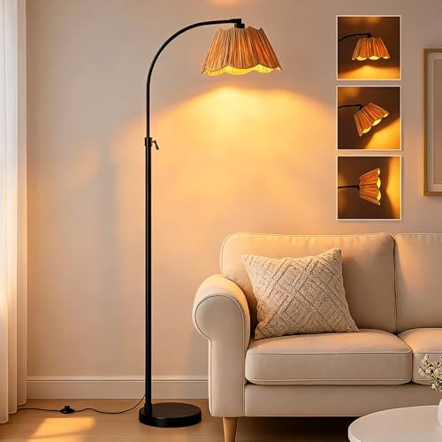 64'' Adjustable Arc Floor Lamp with Woven Pleated Shade, Black | Rustic Farmhouse Reading Standing Lamp for Living Room Bedroom Office, E26 Socket, Foot Switch, Bulb Included - color: Black