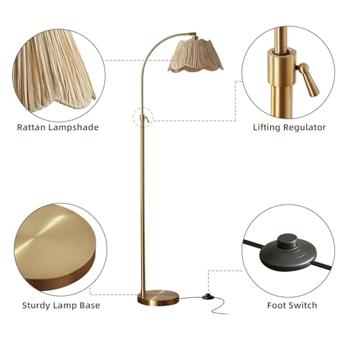 64'' Adjustable Arc Floor Lamp with Natural Rattan Woven Shade - color: Gold