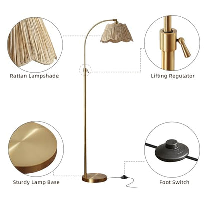 64'' Adjustable Arc Floor Lamp with Natural Rattan Woven Shade - color: Gold