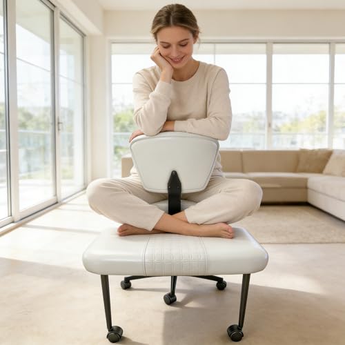 Meditation Chair with Footrest, 360° Swivel Height Adjustable Criss Cross Chair, White PU Padded Wide Seat, Home Office Desk Chair for Reading, Yoga, Peaceful Living - color: White