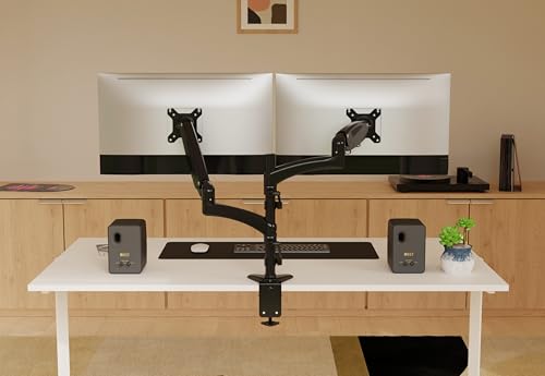 SHOPPINGALL Fully Adjustable Dual Gas Spring LCD Monitor Arm Desk Mount Stand with 2 Swing Arms for Two 15"-32" Monitors, Desk Clamp and Grommet Mounting Options in The Box - SA-GM124D-Black