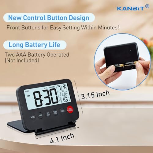 KANBIT Small Digital Travel Alarm Clock, Large LCD Display Front Button with Date & Temperature, Snooze and 8 Seconds Backlight AAA Battery Operated Desk Clock for Home & Office, Black - color: Black