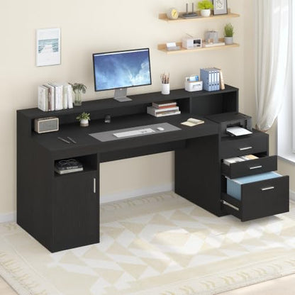 65" Black Computer Desk with 3 Drawers & Printer Shelf for Home Office | Computer Desk with Printer Shelf & File Drawer, Executive Desk Writing Study Table with Monitor Stand, Black - color: Black
