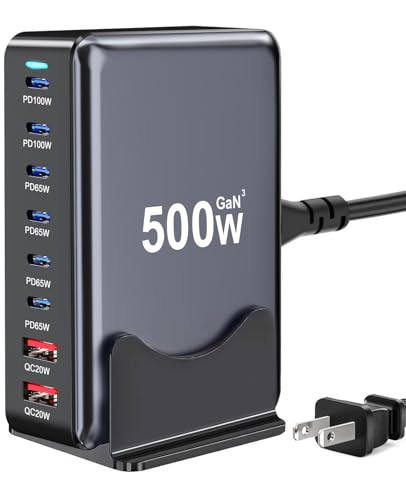 500W USB C Charger Block, Multi-port Fast USB Charging Station Dual PD 100W GaN Ⅲ Charging Station For Multiple Devices, Laptop Charger Adapter Compatible with MacBook, DELL, iPad, iPhone, Samsung etc - color: Black-500W