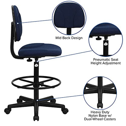 BizChair Navy Blue Patterned Fabric Adjustable Height Drafting Chair with Adjustable Foot Ring - color: Navy Blue Patterned
