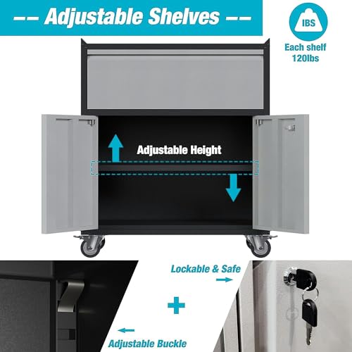 Rolling Garage Storage Cabinet with Door and Drawer, Lockable Metal Tool Cabinet on Wheels for Garage, Home, Office, Black & Gray, Assembly Required, (18.11" D x 30.31" W x 35.43" H) - size: 18.11" W x 30.29" D x 35.42" H