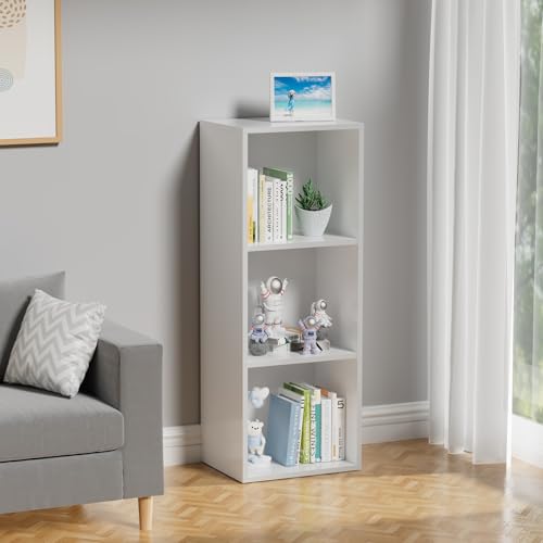 3 Tier Bookshelf, Narrow Bookcase for Small Spaces, Wooden Book Case Bookshelves Storage Organizer for Bedroom Living Room Home Office (White, 3 Cube) - color: White, size: 3-Cube