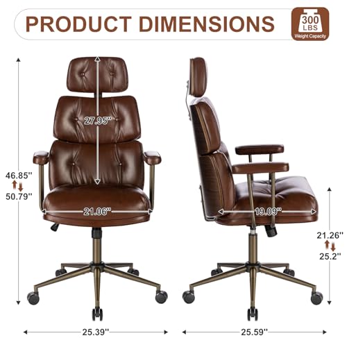 Mid-Century Modern Ergonomic Office Chair, High Back Headrest, Brown | Faux Leather Executive Desk Chair, Walnut Bentwood & Adjustable Headrest, Swivel Computer Chair for Home Office, 300LBS Cap - color: Brown, size: High Back Style