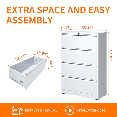 4 Drawer Lateral File Cabinet with Lock,White Metal Filing Cabinet - color: White, size: 52.3"H-4 drawers