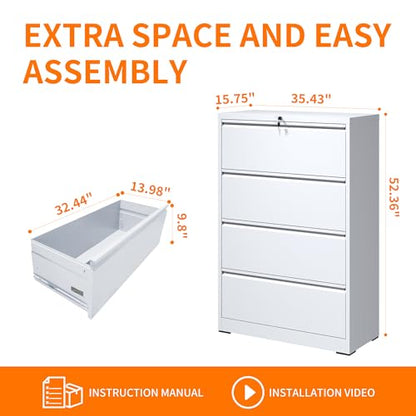 4 Drawer Lateral File Cabinet with Lock,White Metal Filing Cabinet - color: White, size: 52.3"H-4 drawers