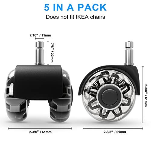 Omyoffice 2" Office Chair Wheels Set of 5, Black Heavy Duty Chair Caster | Support 2200lbs, Mute Rubber, Universal Fit 7/16"x7/8" Stem, Smooth Quiet Rolling, Safety Protection for Hardwood, Carpet - color: Black