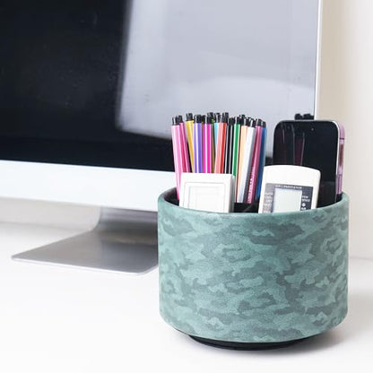 Round Leather Art Supply Organizer,Remote Control Holder,360 Degree Rotating,Multi-Functional Pencil Holder,4 Compartments Desktop Stationary Organizer(1-Camouflage Green) - color: 1-Camouflage Green