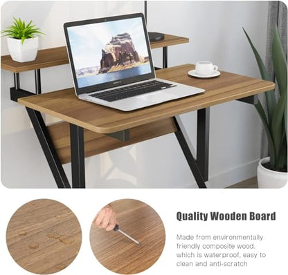 Dripex Computer Desk for Small Spaces, Z Shaped Small Computer Desk, 27.5 inch Compact Desk with Monitor Shelf and Bottom Storage Shelves, Space Saving Desk, Walnut - color: Walnut