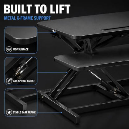 32" Height Adjustable Sit Stand Desk Converter, Dual Monitor Laptop Riser, Black (Desk Converter (Black)) - color: Desk Converter (Black)