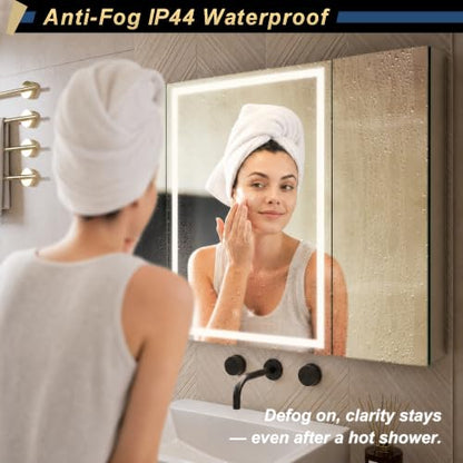 40*28 inch Three-door Aluminum LED Lighted Bathroom Medicine Mirror Cabinet | Light Adjustable, Sockets & USBs inside, Anti-Fog, Easy to Install - color: 40*28 Three-door