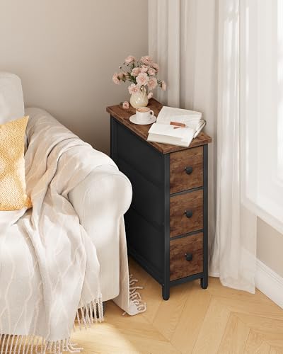 Narrow Side Table with 3 Fabric Drawers, Industrial Slim Bedside Table for Small Spaces, Bedroom, Living Room, Dormitory, Rustic Brown and Black TBZ09BF - color: Rustic Brown + Black