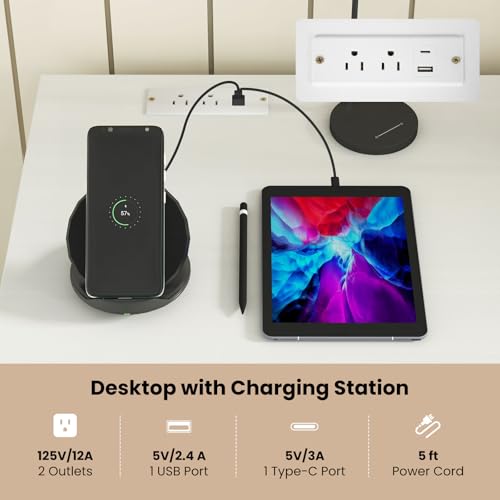 Tangkula White Desk with Drawers & Charging Station, Wooden Home Office Desk PC Laptop Notebook Desk, Compact Study Desk Writing Desk, Computer Workstation Ideal for Home & Office - color: White