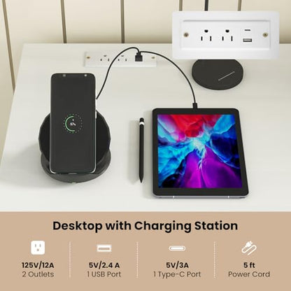 Tangkula White Desk with Drawers & Charging Station, Wooden Home Office Desk PC Laptop Notebook Desk, Compact Study Desk Writing Desk, Computer Workstation Ideal for Home & Office - color: White