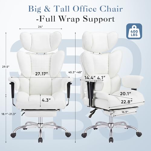 DUMOS Big and Tall Home Office Desk Chair, Executive Chair with Footrest - color: White-l, size: Adjustable Armrest