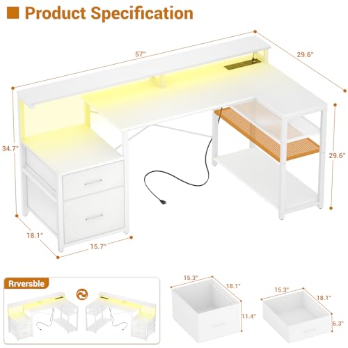Aheaplus L Shaped Desk with File Drawer, Reversible L Shaped Gaming Desk | Computer Desk with Power Outlet & LED Strip, Home Office Desk Corner Desk with Monitor Shelf, Storage Shelves, White - color: White