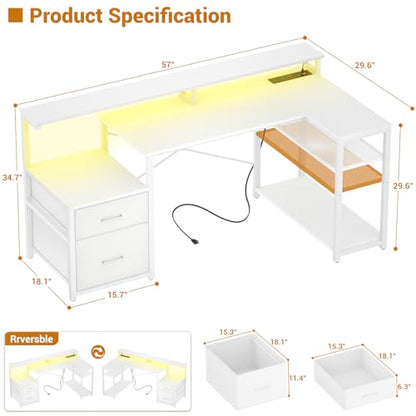 Aheaplus L Shaped Desk with File Drawer, Reversible L Shaped Gaming Desk - color: White