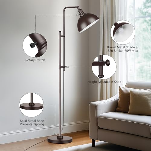 PARTPHONER Industrial Floor Lamp Adjustable, Rustic Farmhouse Reading Lamp in Aged Brown Finish Modern Standing Lamp with Remote Control Metal Shade for Living Room Bedroom Study Room Office Hotel - color: Brown