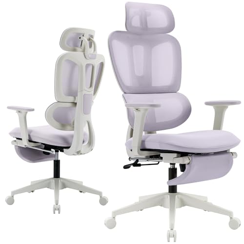Ergonomic Office Chair with Retractable Footrest, Purple | High Back Design, Dynamic Lumbar Support, 2D Headrest & 2D Armrests, Breathable Mesh Back for Home Office - color: Purple