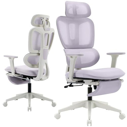 Ergonomic Office Chair with Retractable Footrest, Purple | High Back Design, Dynamic Lumbar Support, 2D Headrest & 2D Armrests, Breathable Mesh Back for Home Office - color: Purple