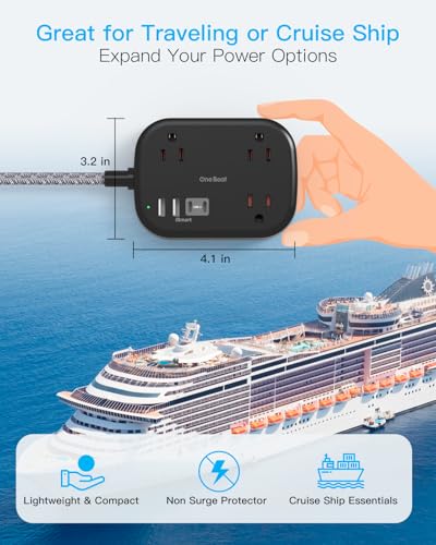 Cruise Essentials 2026, Travel Power Strip with USB C,Flat Plug, Black - color: Black, size: 10Ft