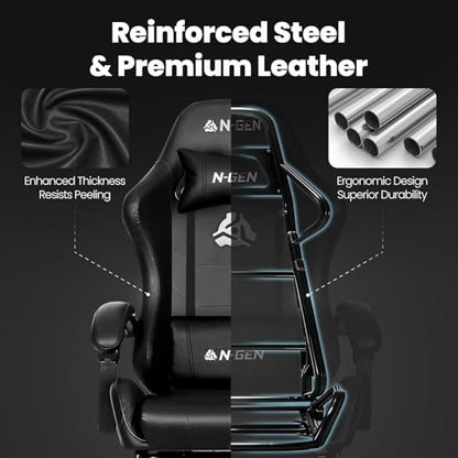 N-GEN GAMING Gaming Chair with Footrest, Lumbar, High-Back, Carbon Black | Reclining Backrest, Linkage Armrests, Durable PU Leather, Adjustable Comfort for Extended Computer, Desk, or Home Office Use - color: Carbon Black
