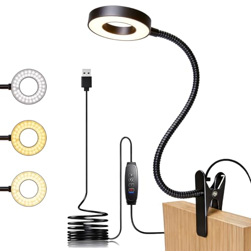 Clip on Book Light, LED Desk Lamp with Clamp, Flexible Gooseneck | Aluminum 15" Gooseneck Reading Light, 48 LED,3 Modes &10 Brightness, 59" USB Powered, for Headboard, Dorm, Craft, Office