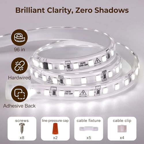 cambk 96inch Hardwired Under Cabinet Lighting for Kitchen, 6000K White Wired Undercounter Waterproof Led Strip Lights, Luces para Cocina Bajo Gabinete Under Shelf Lights - size: 96in