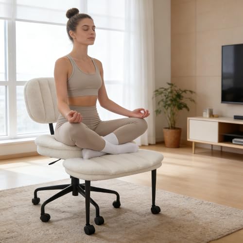 Criss Cross Chair with Footrest, 360° Swivel Faux Shearling Office Chair, Extra Wide Seat with Sofa-Like Comfort, Ergonomic Cross Legged Desk Chair for Cozy Reading, Meditation - color: Wool
