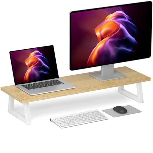 TEAMIX 31.5 inch Dual Monitor Stand Riser, Laptop/TV Stand, Desk Organizer | Long Stand Riser for 2 Monitors, Wood & Steel Computer Stand, Holds 150lbs, Keyboard & PS5 Storage, For Home Office & Gaming - color: Maple, size: 31.5 inch