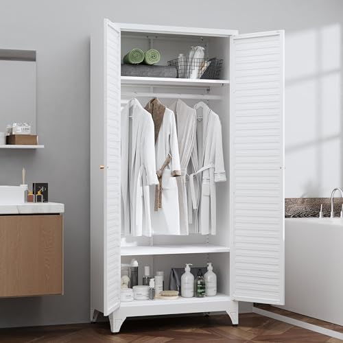 Steeloong 71"Armoire Wardrobe Close,White Wardrobe Cabinet with Hanging Rod | Metal Closet Cabinet with Doors and Adjustable Shelves,Freestanding Clothing Storage Cabinets for Bedroom Office,Gym,Hospital - color: White, style: 71"H Wardrobe