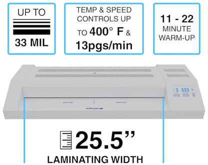 Apache Professional Laminator, Thermal Pouch, 25.5 Inch Max Width, 1.5-33 Mil, True Anti-Jam Technology, School & Office Lamination Machine, Variable Speed & Temperature, Fast Output, Robust Design - color: 26" White