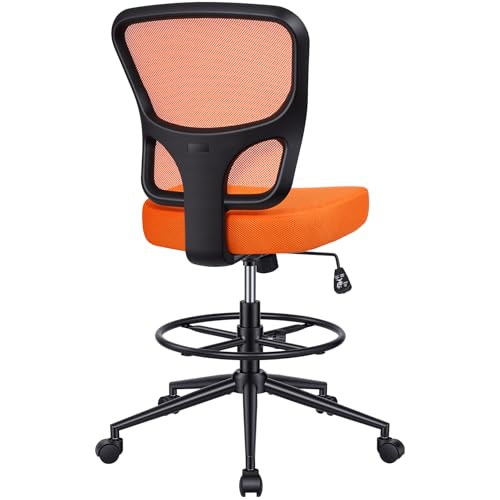 Armless Drafting Chair Tall Office Chair for Standing Desk - Adjustable Height Mesh Ergonomic Stool with Foot Ring, Rolling Counter Height Computer Chair for Small Spaces & Home Office - color: Orange
