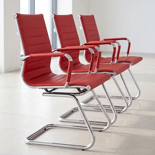 Office Desk Chair No Wheels Set of 6 PU Leather Computer Chairs Mid Back Guest Chairs for School Reception Conference Waiting Room, Deep Red - color: Deep Red, size: 6PCS