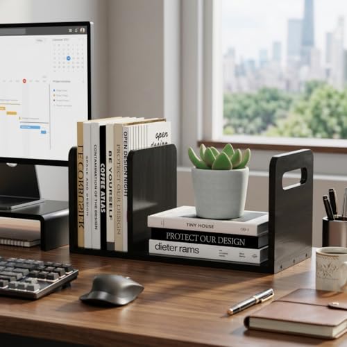 100% Solid Wood Adjustable Desktop Bookshelf with Movable Divider, Retro Tabletop Bookshelf with Convenient Handle Design for Living Room, Home, Office, Perfect for Magazine Book (Black) - color: Black