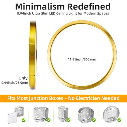 Hlite 12 inch Flush Mount LED Ceiling Light Fixture,2400LM,3CCT,6Pack | 24W Super Slim Light Fixtures Ceiling Mount 3000K/4000K/5000K Selectable,Light Fixtures for Kitchen,Bedroom,Gold - color: Gold, size: 12 inch-6